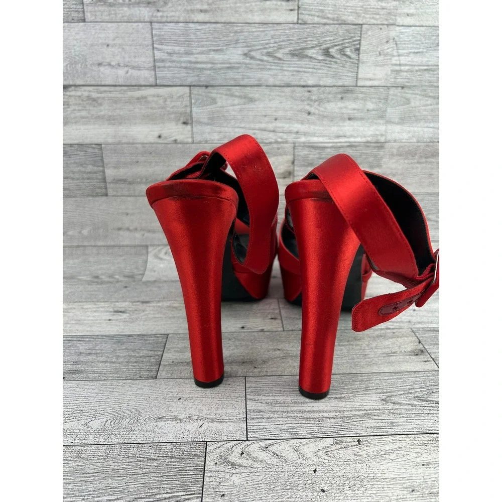 Nina NY Red Satin Platform Sandals Peep Toe Block Heel Buckle Strap Women 8.5M